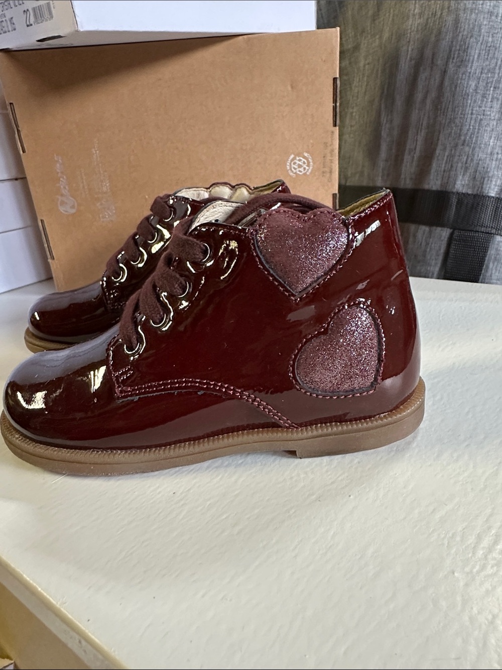 Alcott Kids Deep Red Patent Lace-Up Boots with Glitter Heart Accents